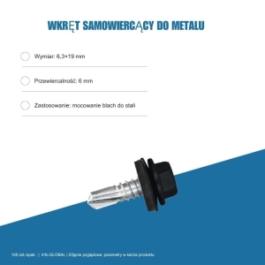 Wkręt samowiercący do metalu 6,3x19 mm, przewiercalność 6 mm, EPDM, 100 szt. – kolor do wyboru